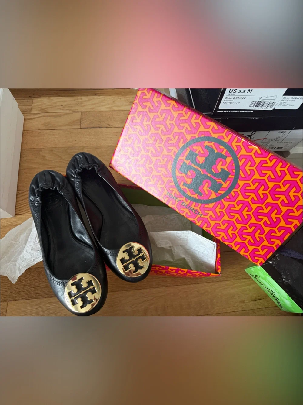 Tory Burch Black Leather Logo Cap-Toe Ballet Flats with Gold Emblem